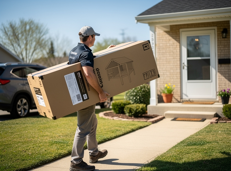 A delivery person carrying a large flat-pack chicken coop box marked with Amazon Prime tape up to a residential front door, suburban setting