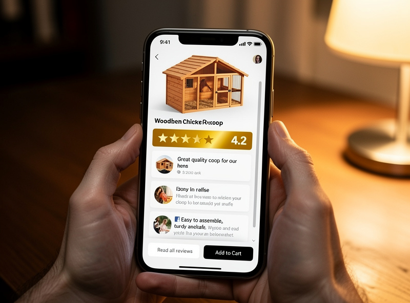 Hands holding a smartphone showing Amazon customer reviews of a chicken coop with star ratings and text visible on screen