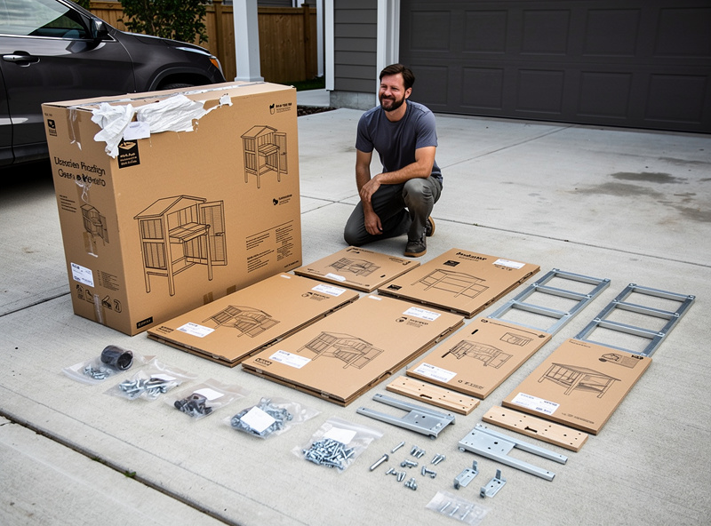 A homeowner unboxing a flat-pack chicken coop in their driveway with Amazon-branded packaging and assembly hardware visible nearby