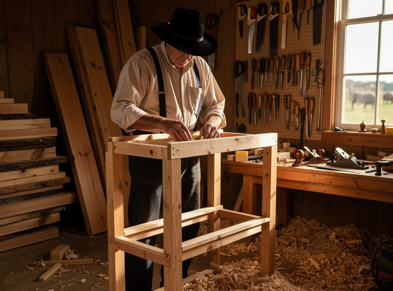 Close-up of Amish chicken coop construction showing mortise-and-tenon joinery, heavy hardwood framing, and cedar shingle roofing details
