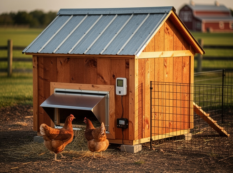 Custom Amish chicken coop with cedar siding, galvanized metal roof, and hand-forged hardware visible in detail