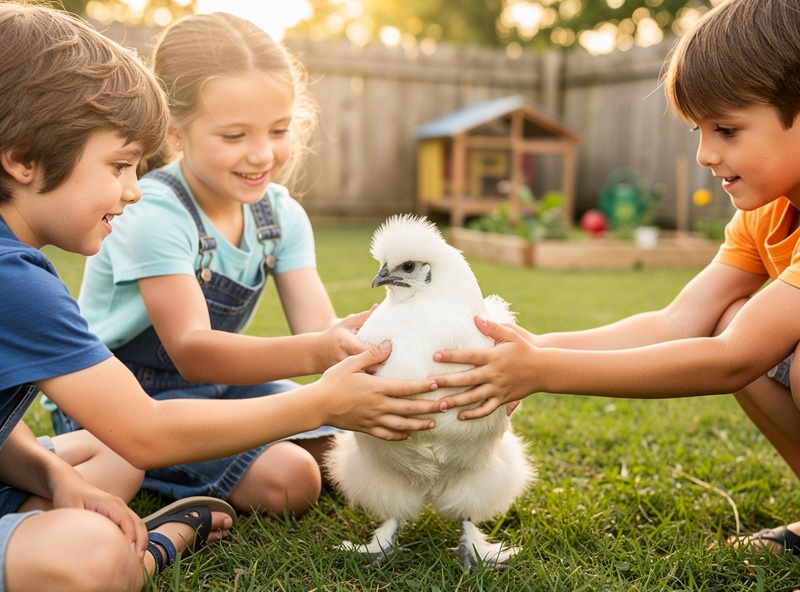 Children handling Silkie chicken
