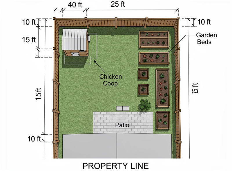 Backyard chicken coop with attached run nestled between garden beds and patio in a suburban backyard