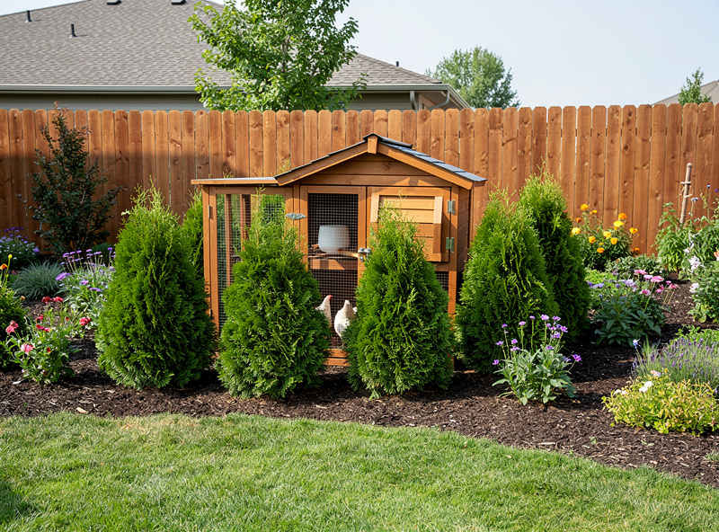 Backyard chicken coop strategically placed and screened with garden landscaping for neighbor-aesthetic compatibility