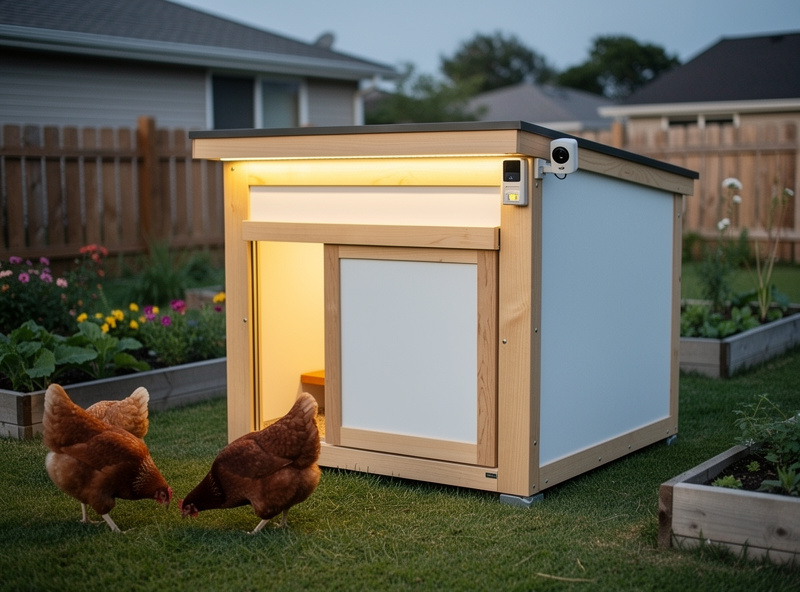 Smart backyard chicken coop with automatic door and remote monitoring camera in a well-landscaped suburban yard