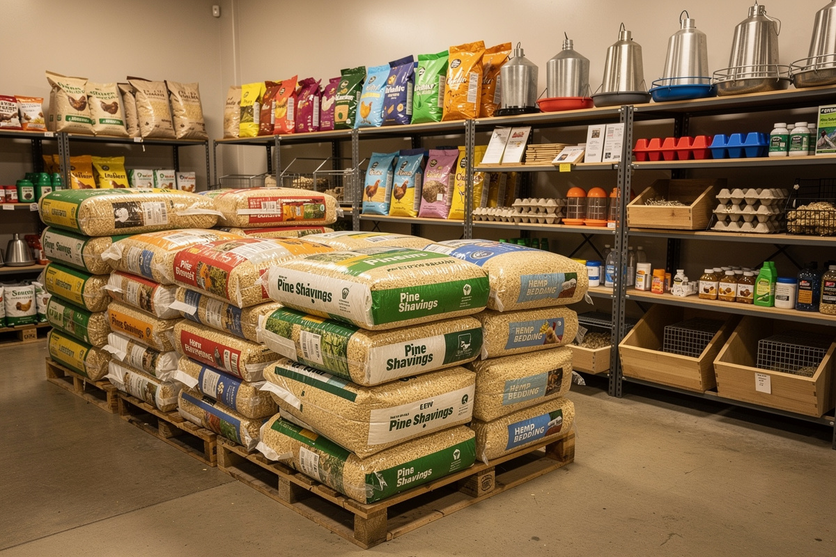 Bales of pine shavings and hemp bedding stacked in a farm supply store