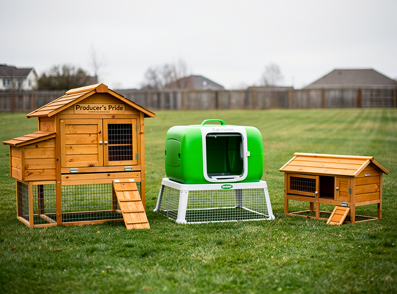 A row of different chicken coop brands lined up in a backyard for comparison testing - wooden Producer's Pride, plastic green Omlet Eglu, and a Pawhut on grass