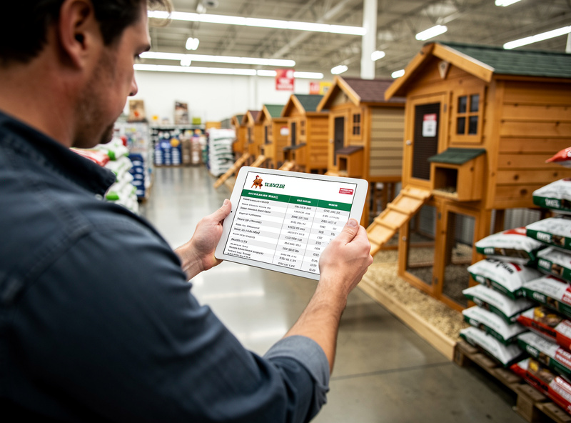 A buyer comparing chicken coop brand specifications on a tablet screen at a Tractor Supply store with rows of prefab chicken coops in the background