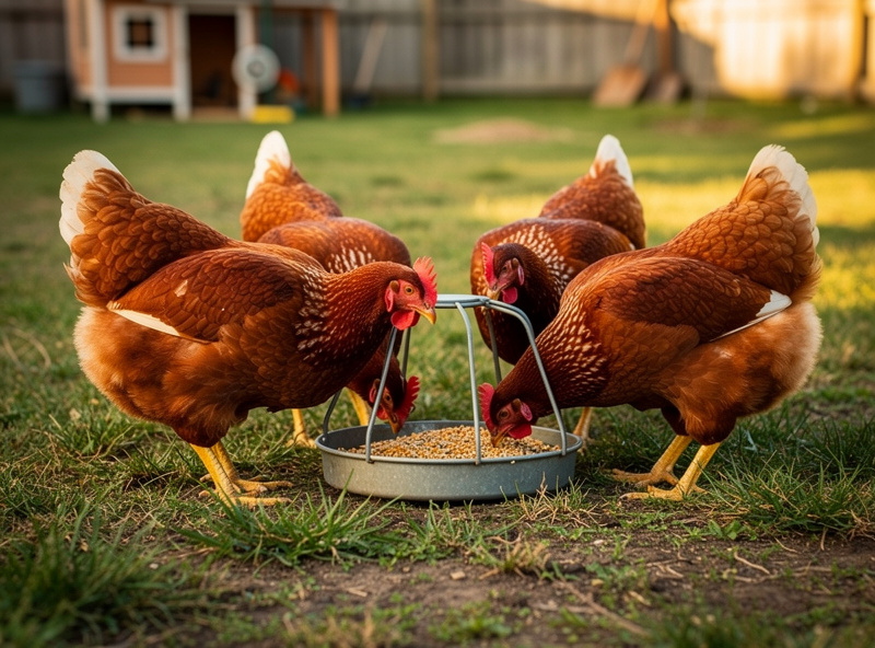 ISA Brown chickens at feeder