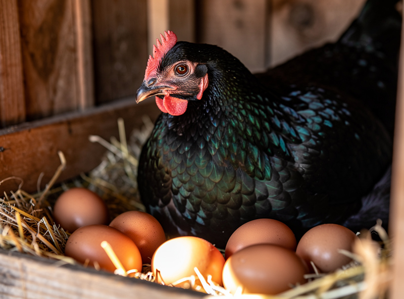 Black Australorp in nesting box with eggs