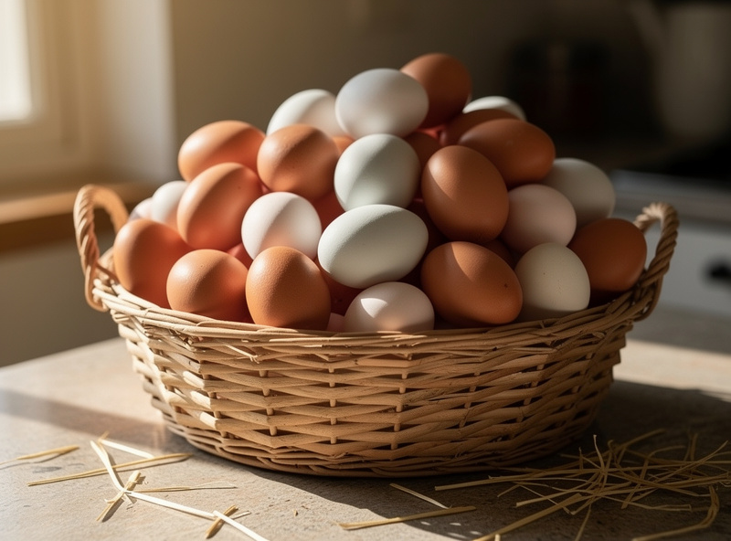 Basket of fresh brown and white eggs