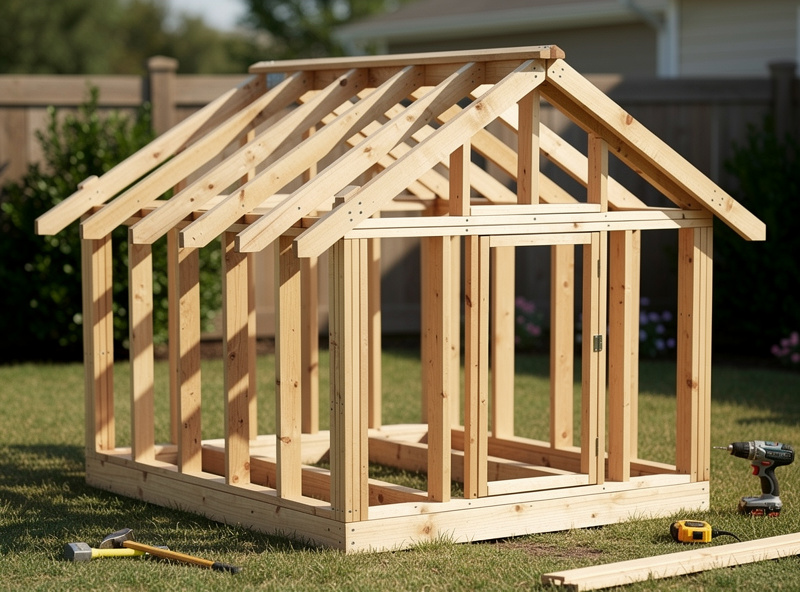 Chicken coop frame partially built showing wall and roof framing