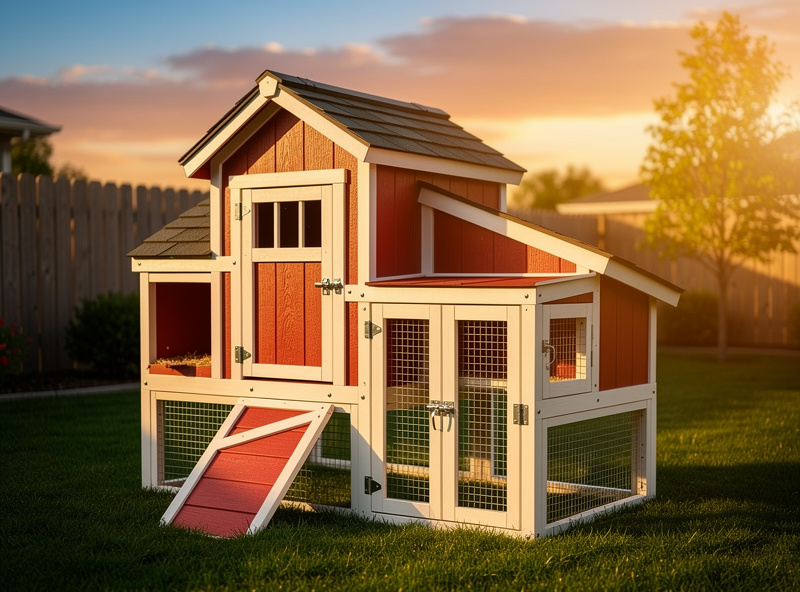 Completed DIY chicken coop with paint and finished hardware
