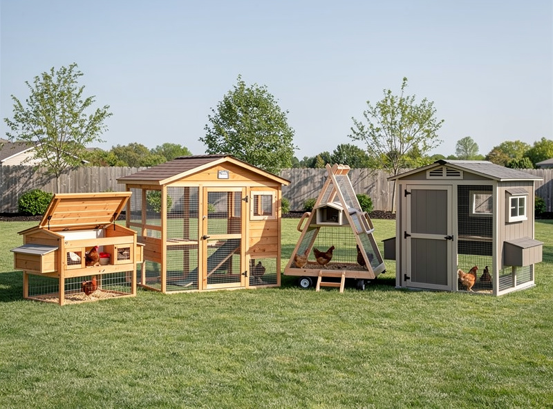 Several chicken coop types displayed side by side showing different formats from compact lift-top to walk-in shed