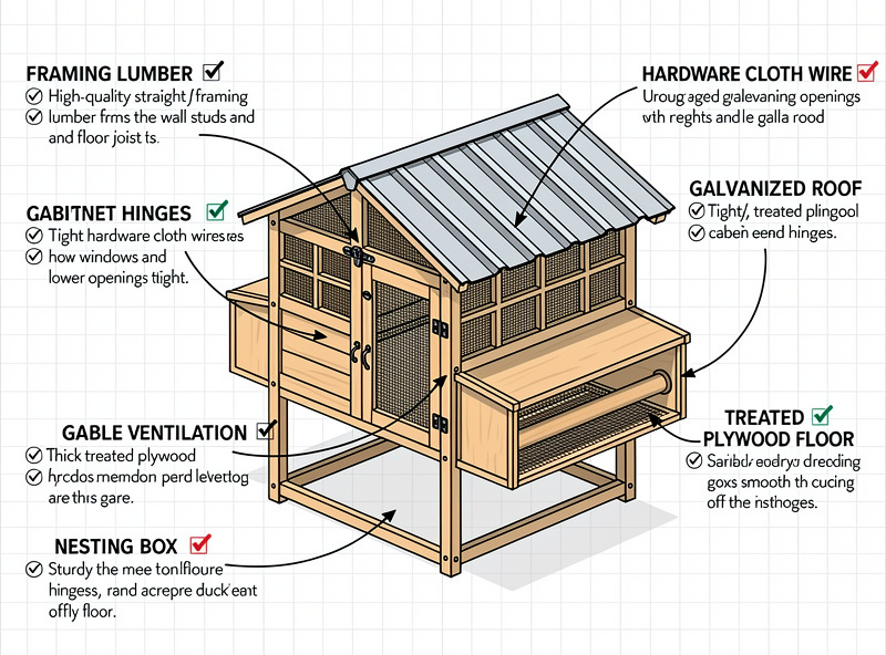 Eight quality markers checklist for evaluating chicken coops with visual examples of each spec