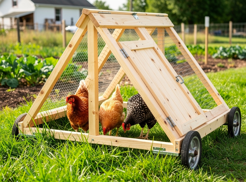 Portable A-frame chicken coop with wheels in a backyard with hens visible inside
