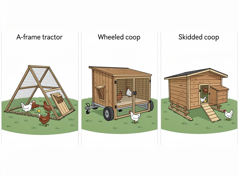 Side-by-side comparison of A-frame tractor, wheeled coop, and skidded coop showing relative sizes and features
