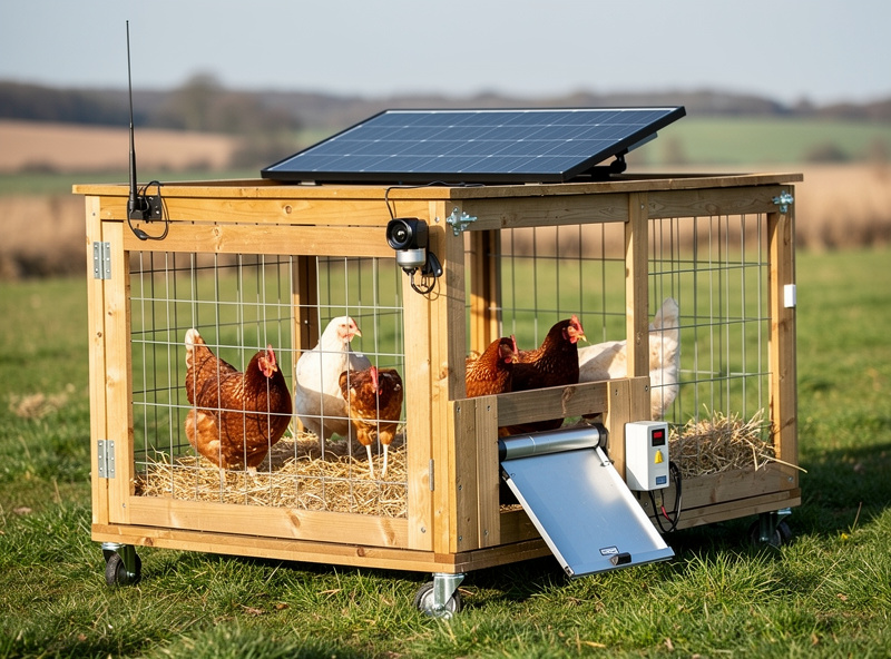 Smart portable chicken coop with battery-powered automatic door, solar-charged camera, and wireless temperature sensor