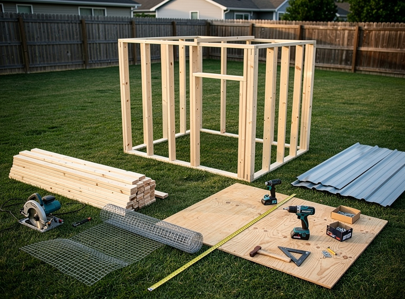 Budget-friendly compact chicken coop in a small backyard with three hens visible inside