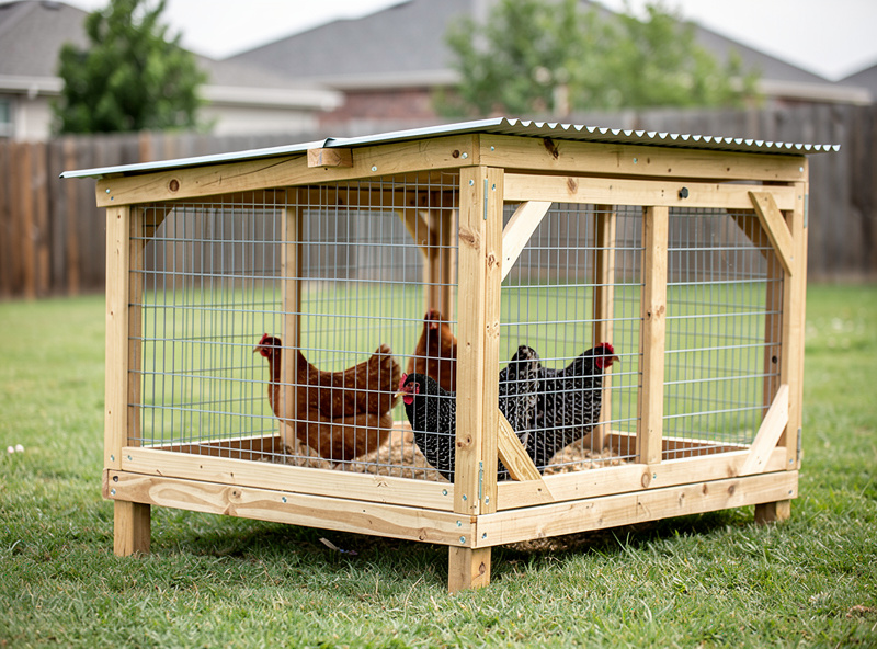 DIY budget chicken coop showing simple 4x4 ft frame construction with hardware cloth and metal roof