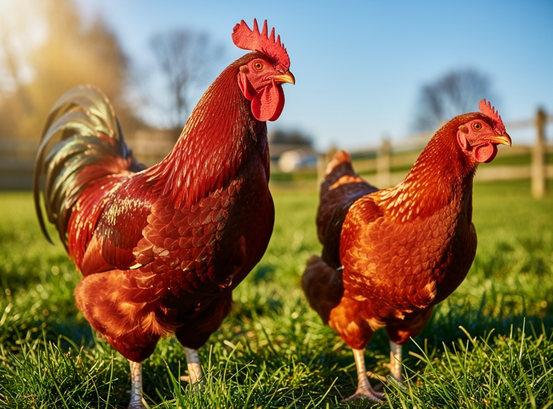 Rhode Island Red chickens in pasture