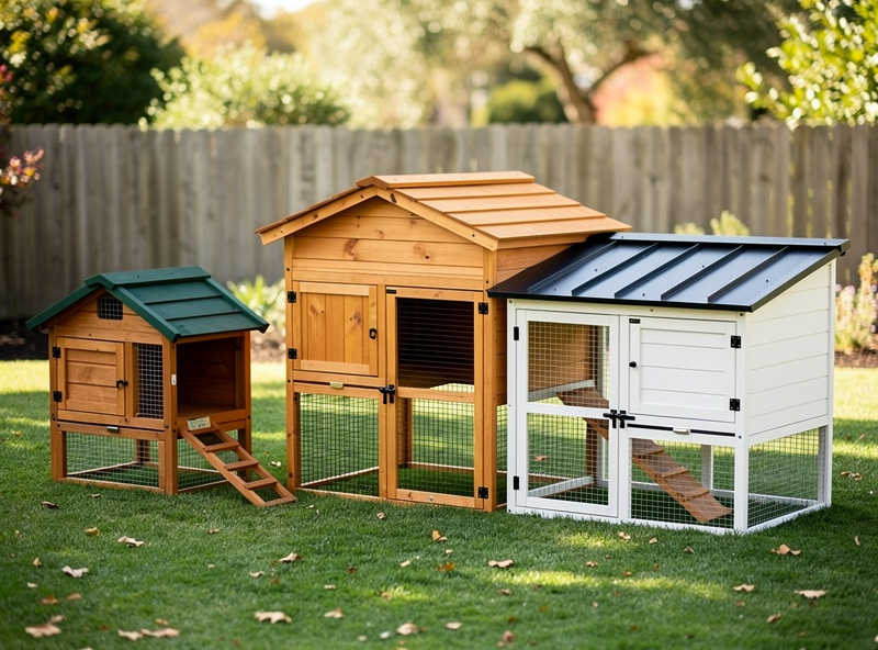 Side-by-side comparison of three different chicken coop and run combos in a backyard