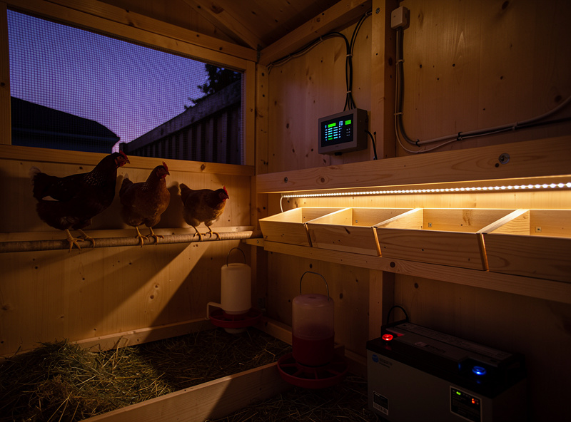 Smart chicken coop running on battery backup during a power outage at dusk
