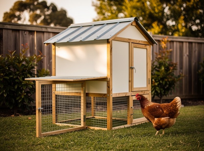 Wooden chicken coop in a backyard with metal roof overhang and freshly painted exterior
