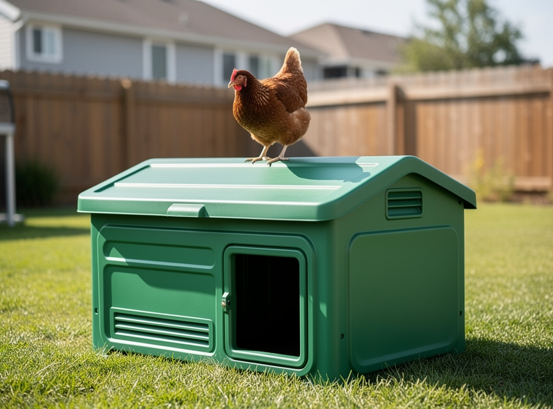 Green molded HDPE plastic chicken coop in a small suburban backyard with hen perched on top