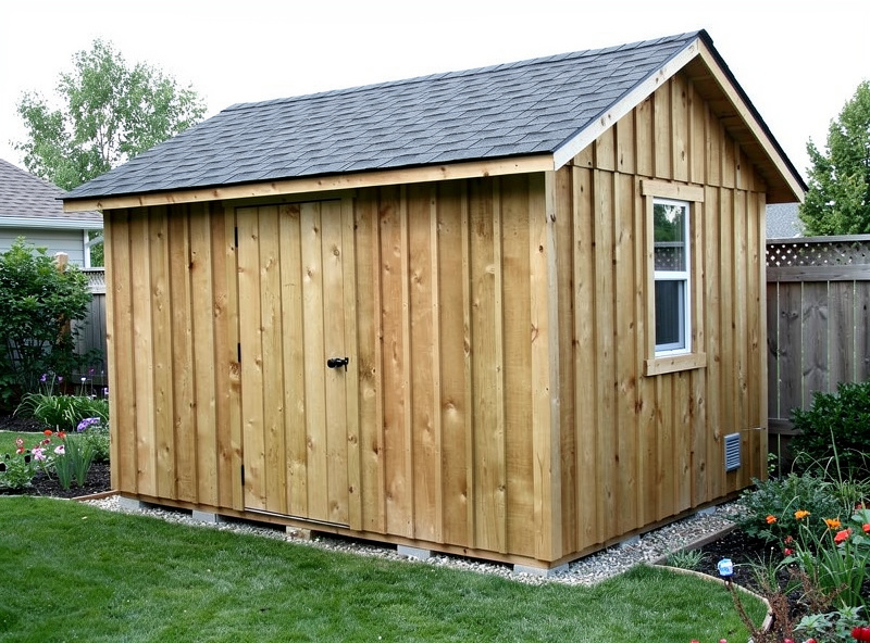 Garden shed in backyard ready for conversion to chicken coop