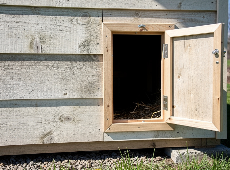 External nesting box access door installed on converted shed coop