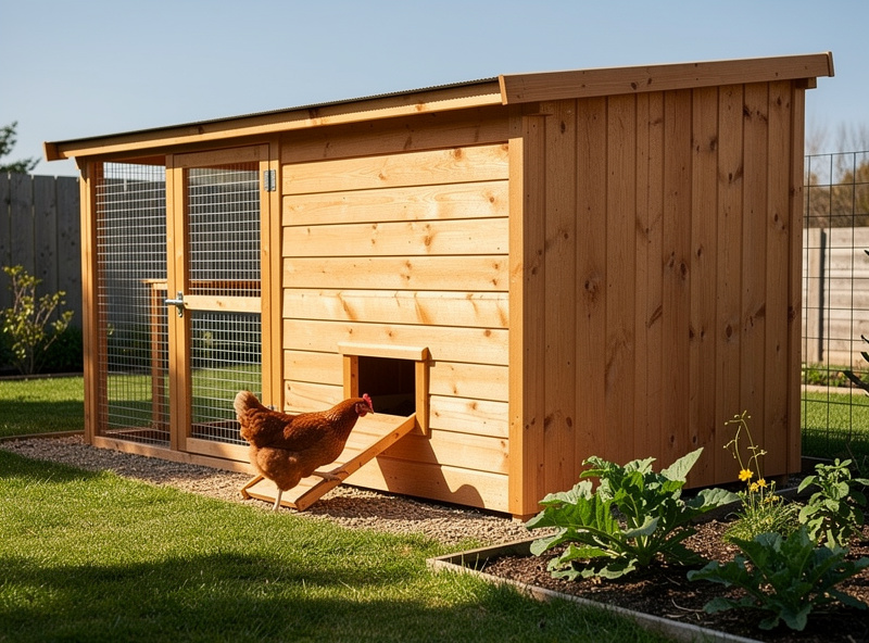 Completed shed-to-coop conversion with chickens entering through pop door