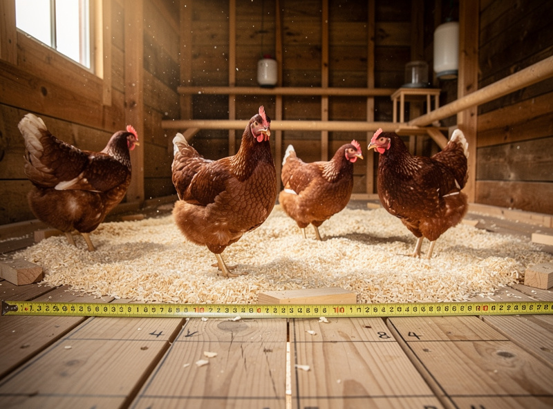 Chicken coop interior showing six hens with measured floor space markings
