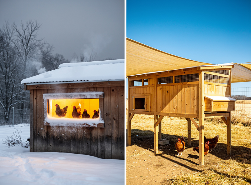 Side-by-side comparison of cold-climate insulated coop and hot-climate raised ventilated coop