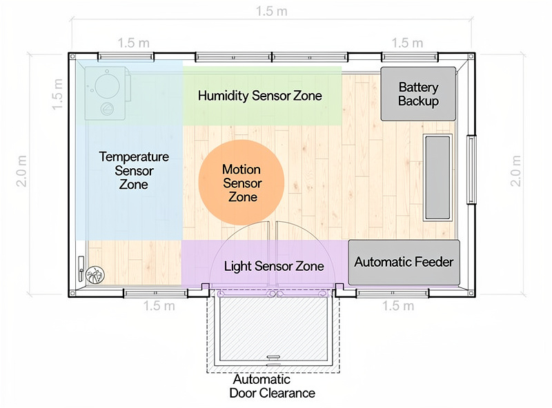Smart chicken coop floor plan showing sensor placement, auto-door clearance, and equipment footprint