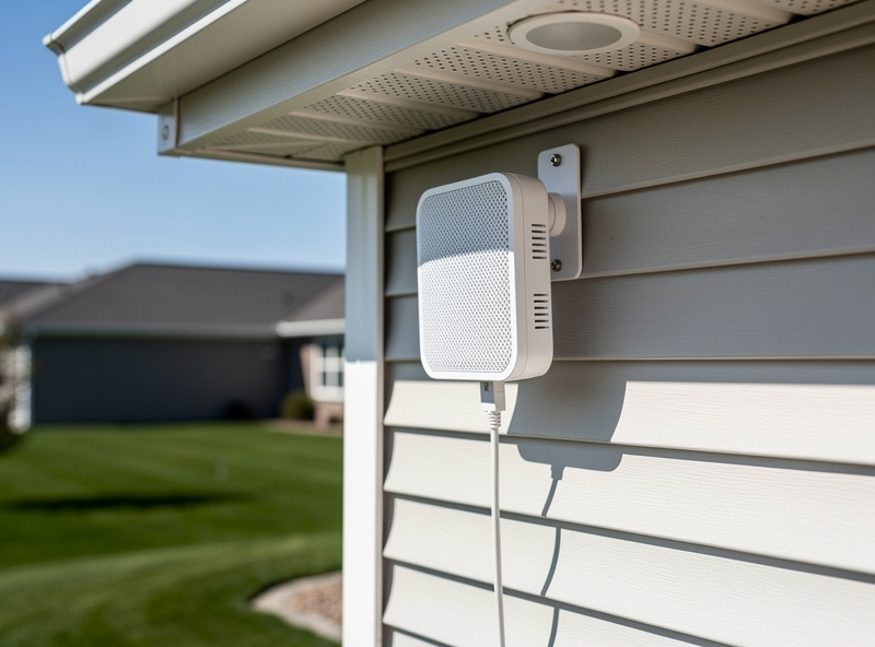 Outdoor mesh WiFi node mounted under house eaves facing chicken coop