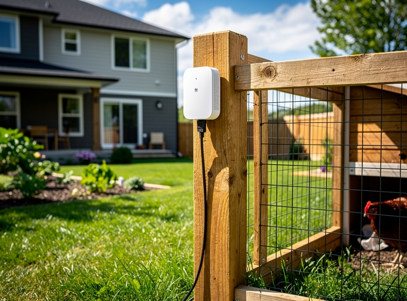 Outdoor mesh access point mounted under eave with cable running to coop