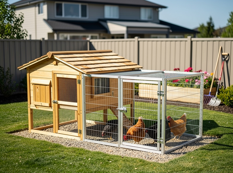 Backyard chicken coop with attached run combo unit in a yard