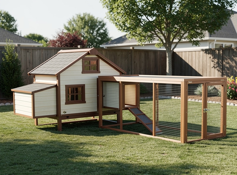 Separate chicken coop and run units connected by tunnel in backyard