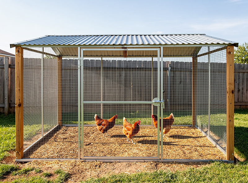 Fully covered chicken run with hardware cloth roof in a backyard