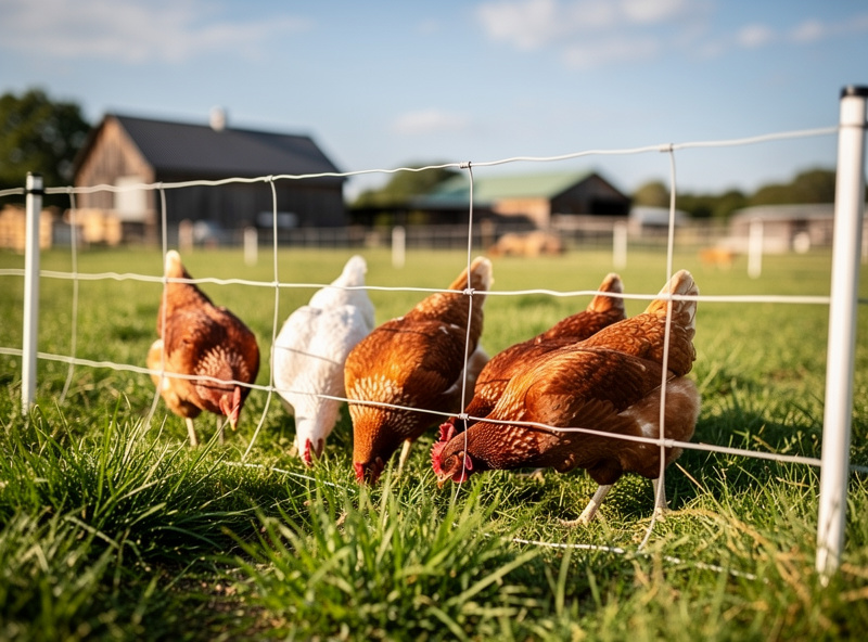 Free-range chickens with portable electric fence enclosure in pasture