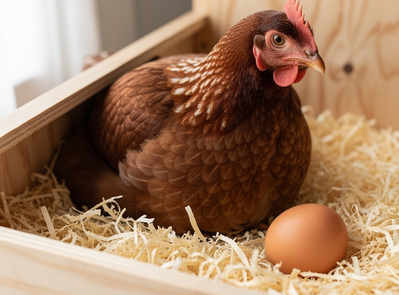 Hen sitting in a clean plywood nesting box with fresh pine shavings and a freshly laid brown egg