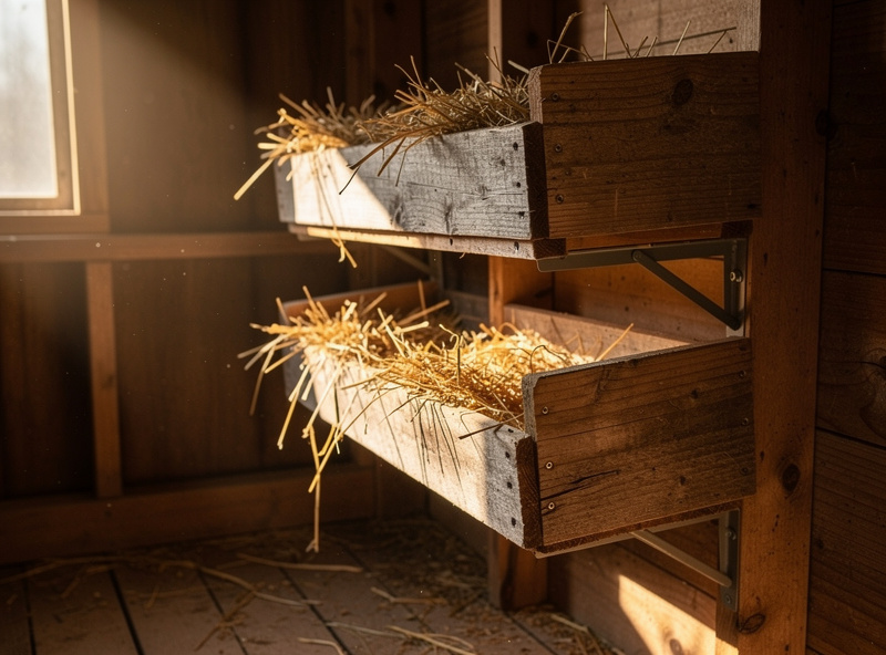 Wall-mounted bank of three stacked wooden nesting boxes inside a chicken coop, mounted about 22 inches off the floor