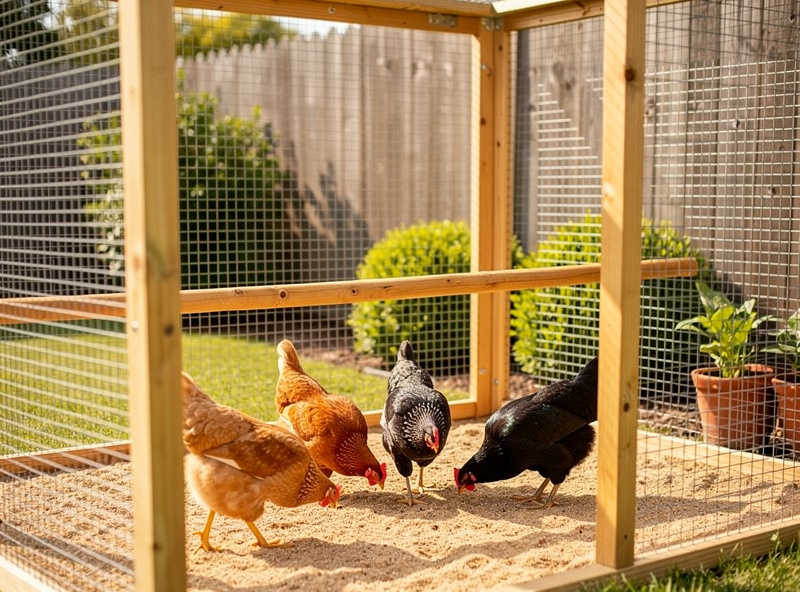 Backyard chicken run with hardware cloth walls and chickens foraging