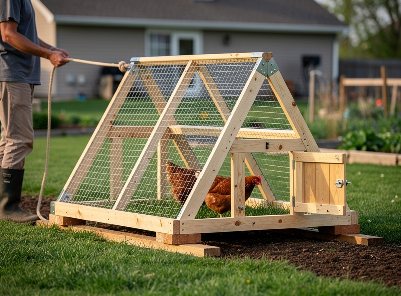 A-frame DIY chicken tractor in backyard with chickens inside