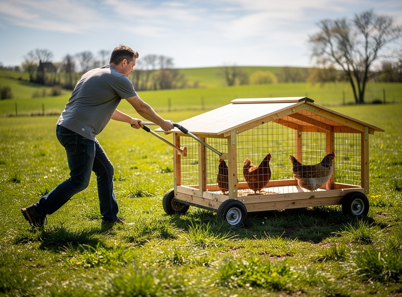 Chicken tractor with skids being moved across backyard pasture