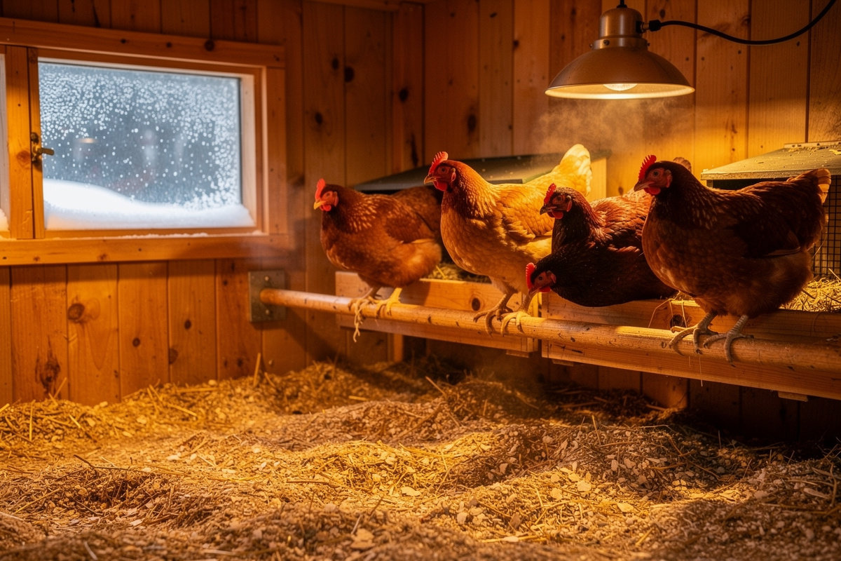 Chickens roosting comfortably in a heated coop during winter