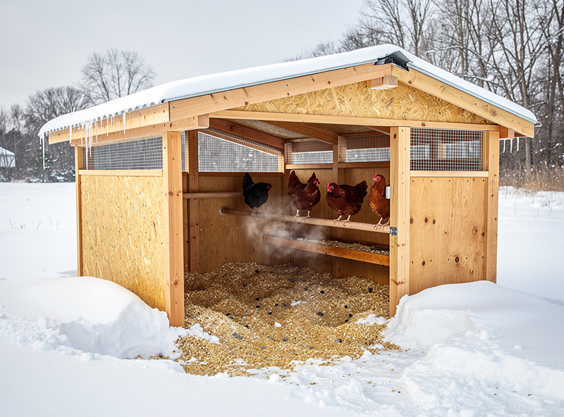 Insulated chicken coop in winter