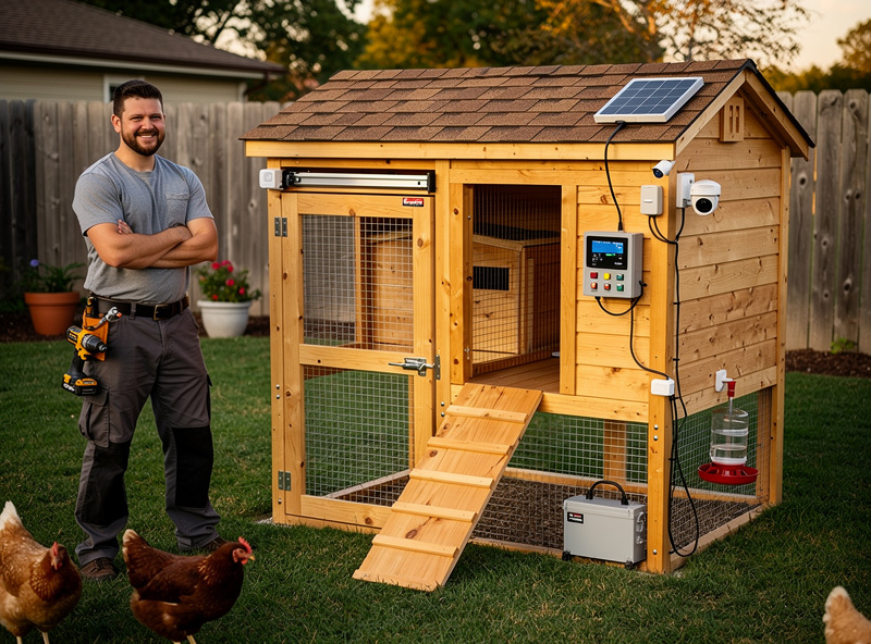 Completed budget smart chicken coop with DIY automation