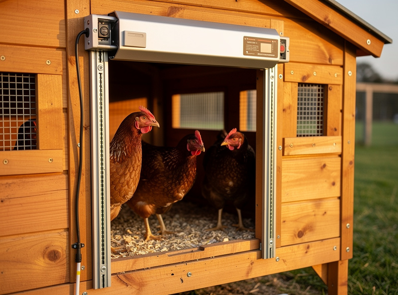 Completed automatic chicken coop door installation with level tracks